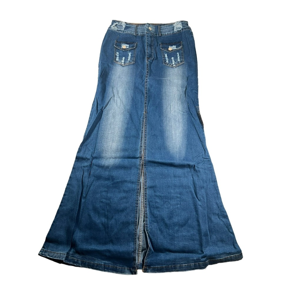 LUXMI High Waist Ripped Split Back Denim Skirt with belt and pockets